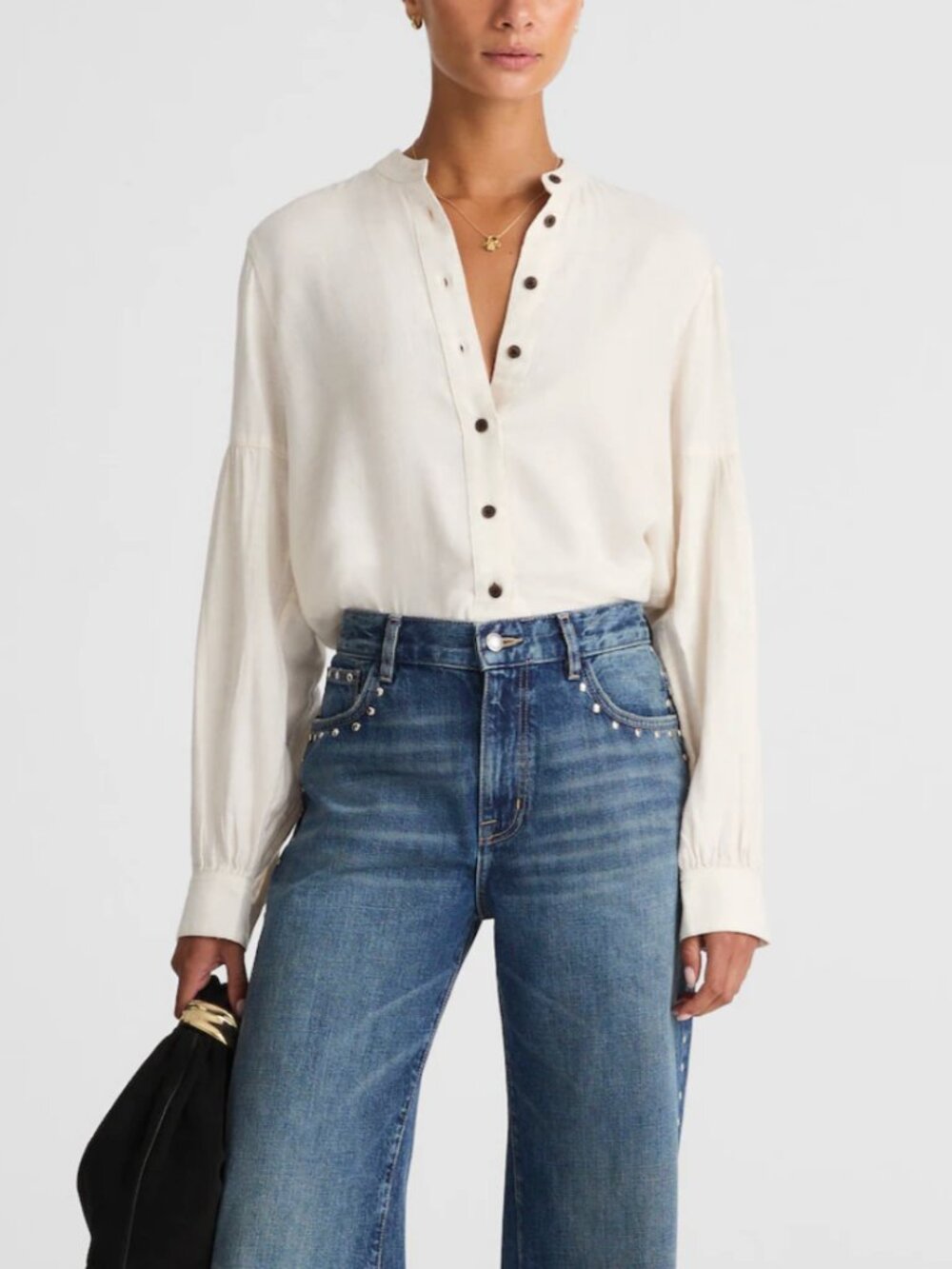 Madewell Stand-Collar Button-Up Shirt in Flannel in Ivory